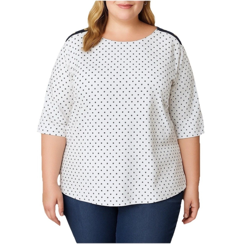 Croft & Barrow Top Womens XXL White Black Short Sleeve Polka Dot‎ Crew Geometric